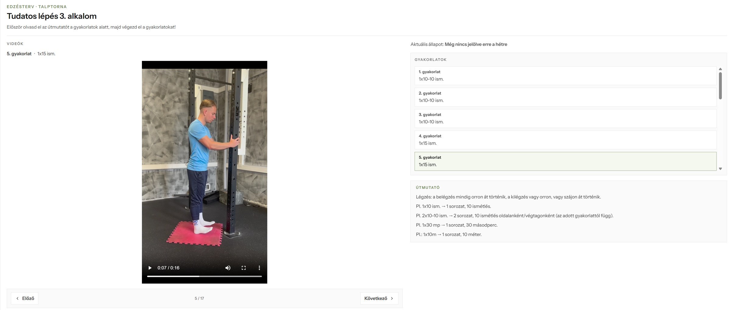 Egy gyakorlat oldala a programban